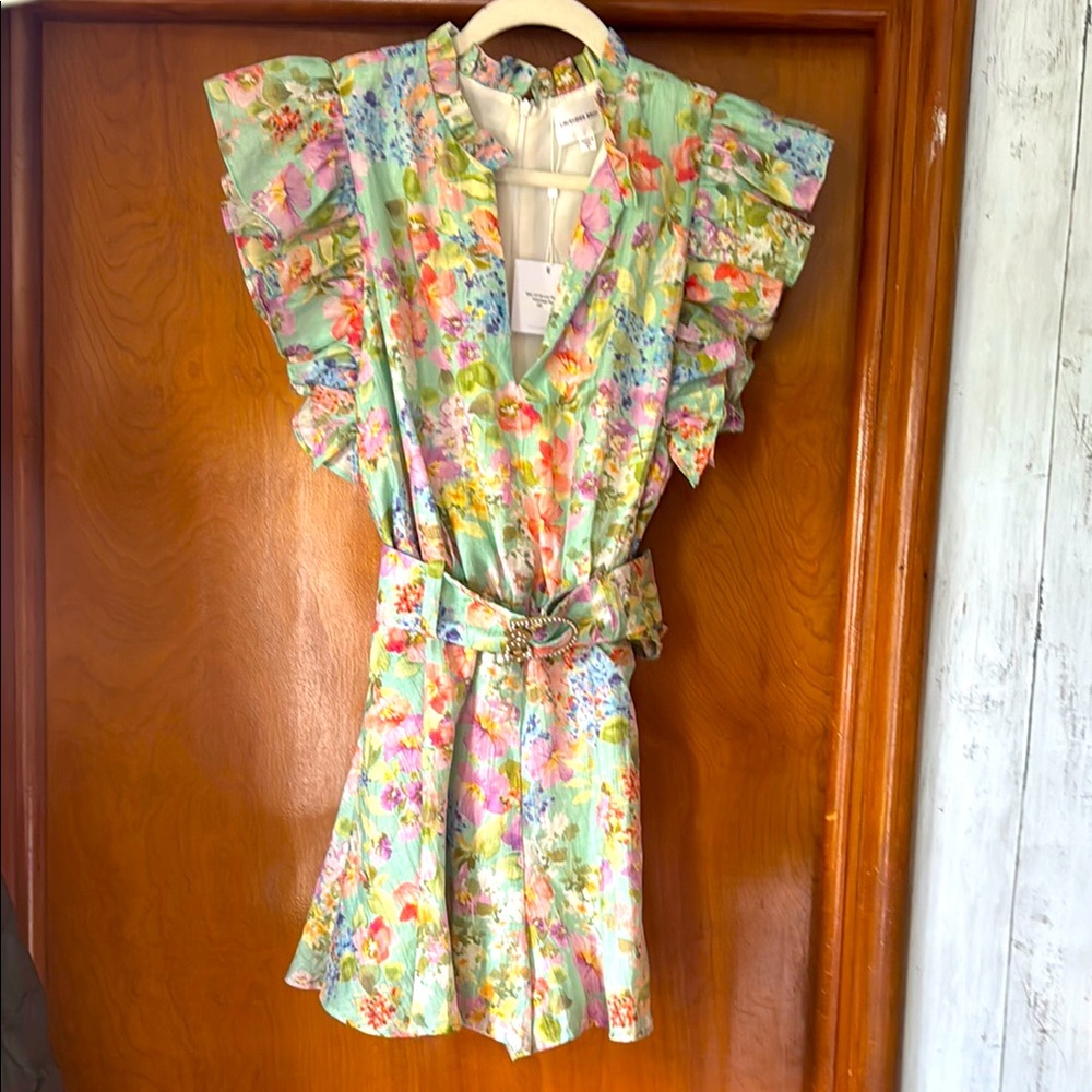 LAVENDER BROWN NWT Floral Ruffle Romper w/Belt